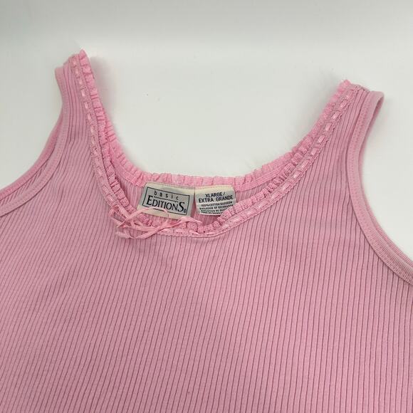 VTG y2k womens pink Basic Editions dainty coquette ribbon bow ribbed tank top XL - Picture 2 of 6